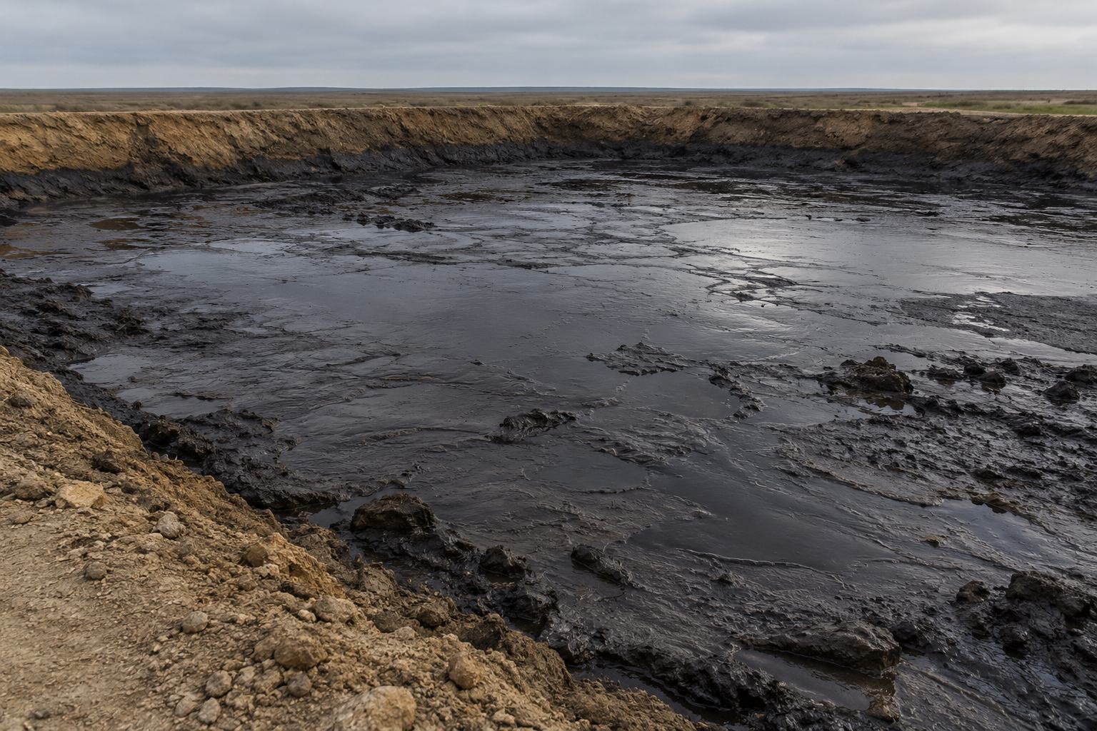 Тёмный нефтешлам в земляном амбаре